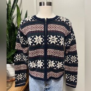 Vintage nordic snowflake‎ Sweater zip-up Ramie Cotton Small